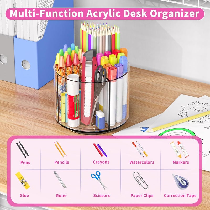 Wawocs Small Pencil Organizer for Desk Acrylic 4 Compartments, Tiny Rotating Art Supply Organizer Kids, Spinning Round Marker Small Clear Desktop Caddy Swivel Office Pen Pencil Holder - Image 3